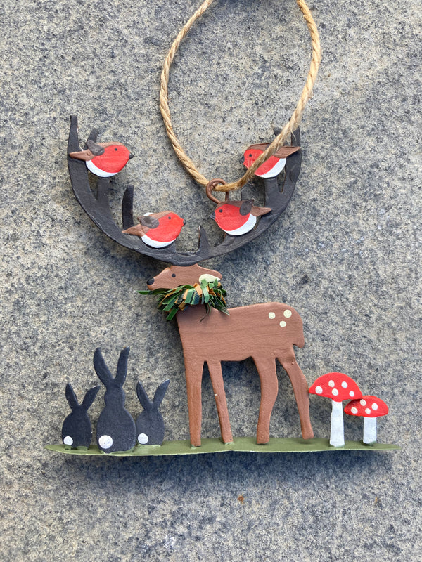 Shoeless Joe – Deer With Robins On His Antlers  - Christmas Tree Hanging Ornament