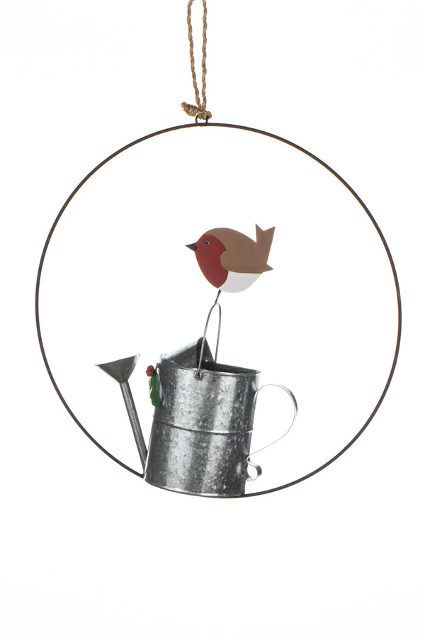 Shoeless Joe – Robin On A Watering Can Wreath - Christmas Tree Hanging Ornament