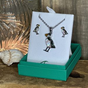 Puffin Necklace & Earrings Set. Abalone Paua Shell